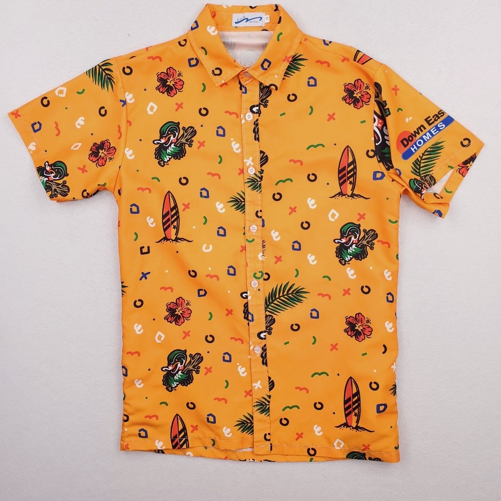 Down East Wood Ducks Shirt‎ Adult Small Orange Hawaiian Surfing Allover Floral